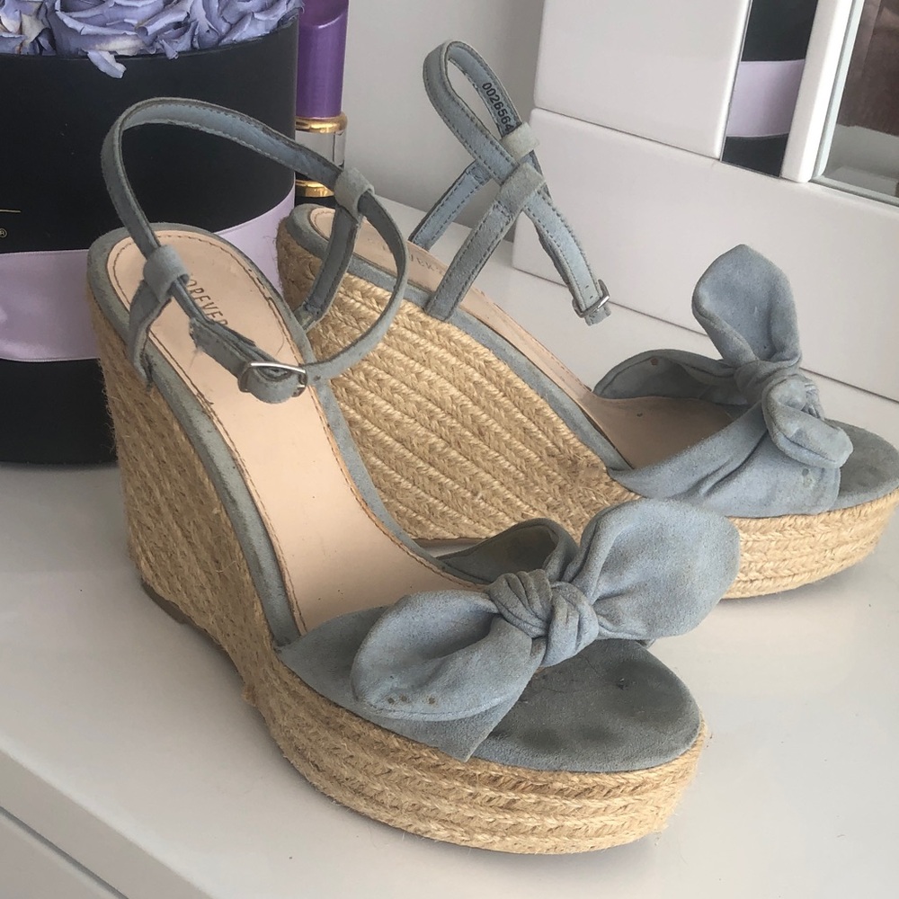 Forever 21 Blue Bow Platform Wedge Espadrilles 6